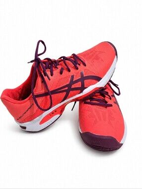 ASICS Womens  Neon Coral Athletic Running Shoes Deep Purple Accents Size 8.5